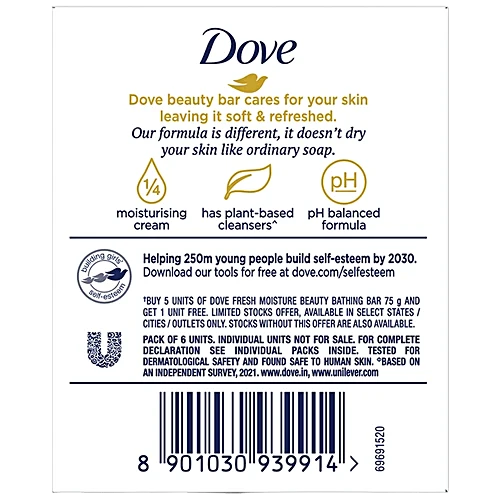 Dove Fresh Moisture Beauty Bathing Bars, 75 g (Buy 5 Get 1 Free) - Image 2
