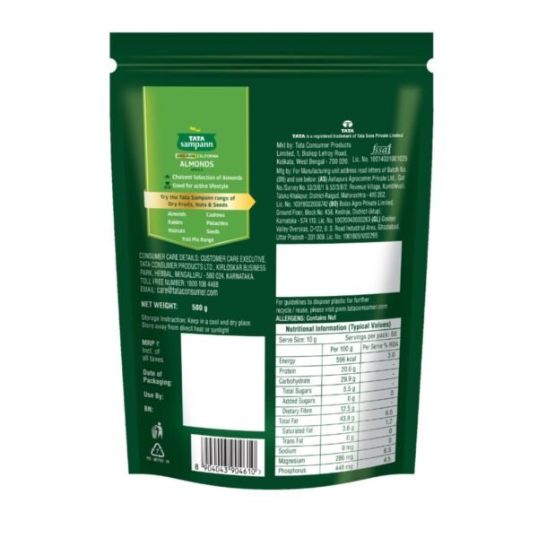 Tata Sampann Pure California Almonds/Badam Whole, 500g, Real Nuts, High in Fiber, Badam Giri, Rich in Protein, Magnesium, Phosphorus and Dietary Fibre, Nuts & Dry Fruits - Image 2