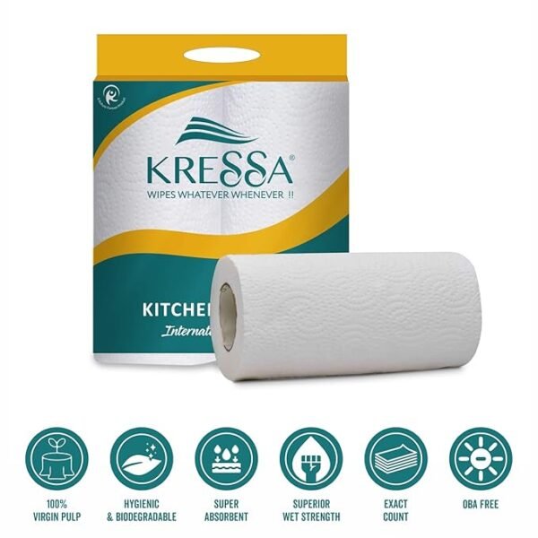 Kressa 2 Ply Paper Towel | Kitchen Tissue | Towel Paper Roll | 4 Rolls 60 Pulls Per Roll Total 240 Pulls Made of Natural Virgin Pulp - Image 2