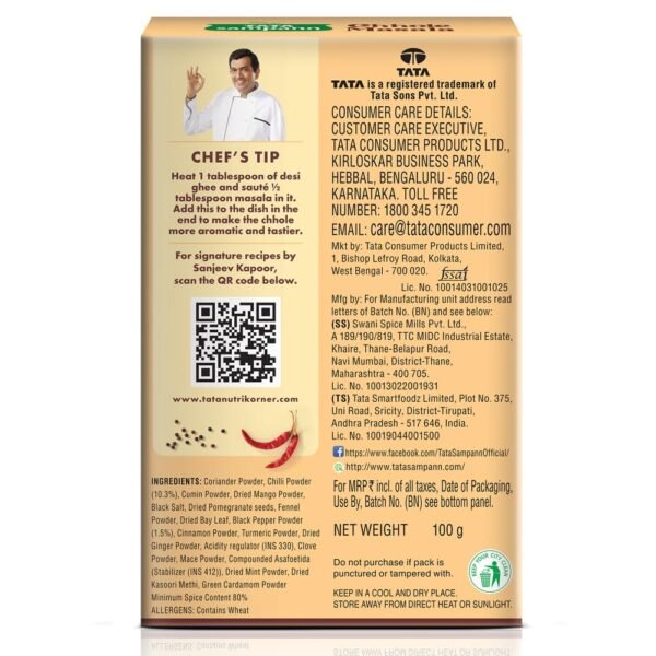 Tata Sampann Chhole Masala with Natural Oils, 100g, Chole Masala Powder, Crafted by Chef Sanjeev Kapoor, With Chef’s Exclusive Tip, Rich Aroma & Flavour - Image 2